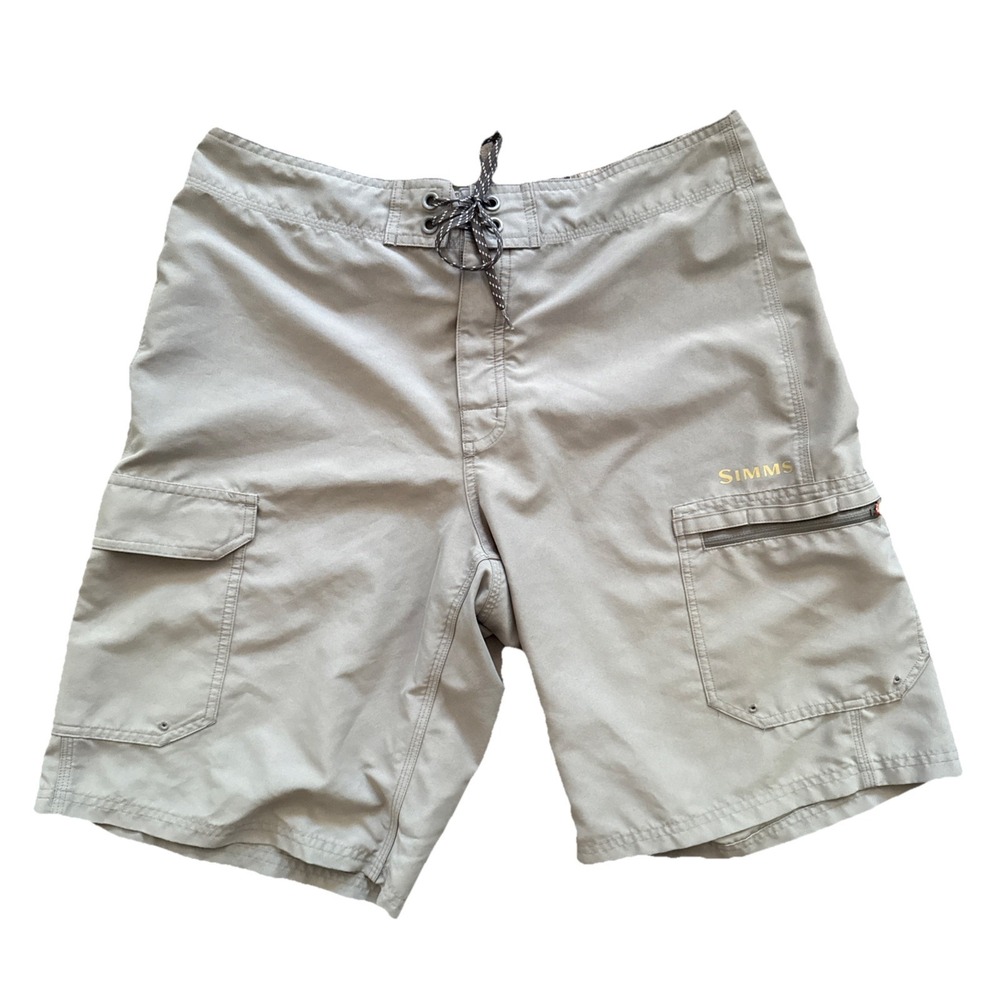 Simms Fishing Board Shorts Men Medium Gray Drawstring Unlined Quick Dry Cargo